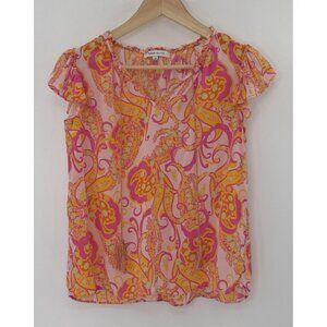 Rose + Olive Flutter Sleeve Tasseled Orange Pink Paisley Boho Blouse Sz Sm Beach